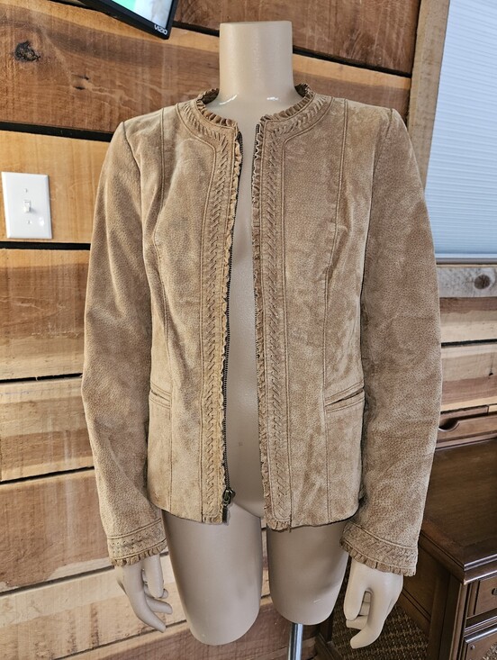 Kasper Jackets & Blazers - Kasper Women's Suede Jacket Tan Classic Zip Front Ruffle Hems Moto Cowgirl Med